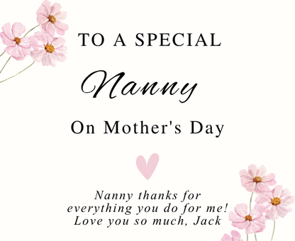 Luxury personalized nana pamper gift set with a sentimental special nanny tribute candle and reed diffuser, elegantly boxed by Hideaway Home Fragrances.