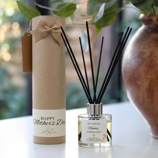 Personalised "Special Nanny" Mother's Day candle and luxury reed diffuser keepsake gift set, beautifully packaged and ready to gift by Hideaway Home Fragrances.
