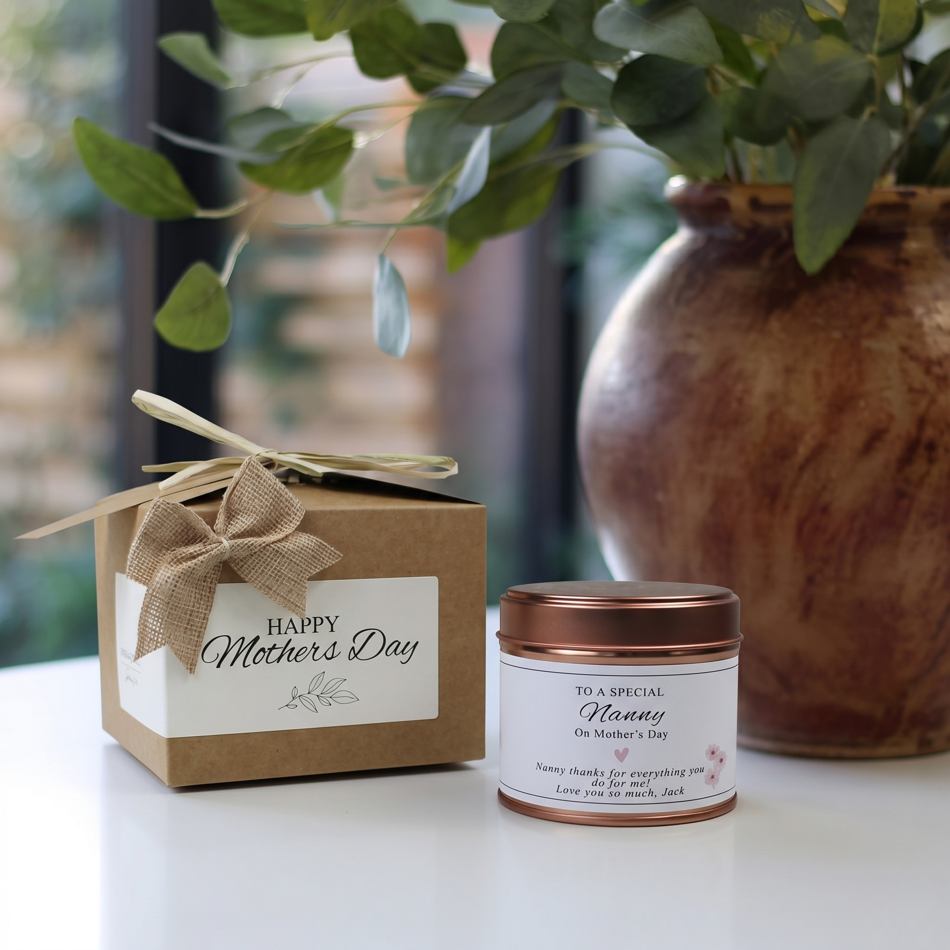 Custom luxury nan Mother’s Day gift box featuring a personalized nanny birthday candle and matching home fragrance diffuser by Hideaway Home Fragrances.