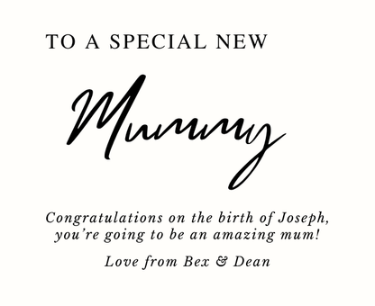 Luxury personalized new mother postpartum pamper gift set with a sentimental special new mum tribute candle and reed diffuser, elegantly boxed by Hideaway Home Fragrances.
