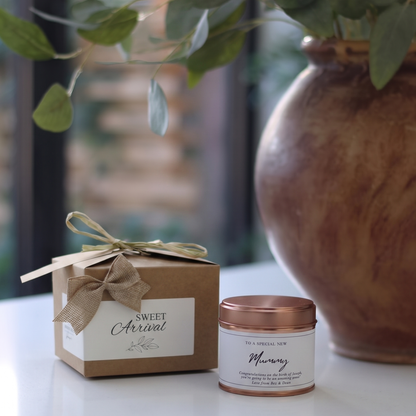 Custom luxury push present gift box featuring a personalized new mummy celebration candle and matching home fragrance diffuser by Hideaway Home Fragrances.