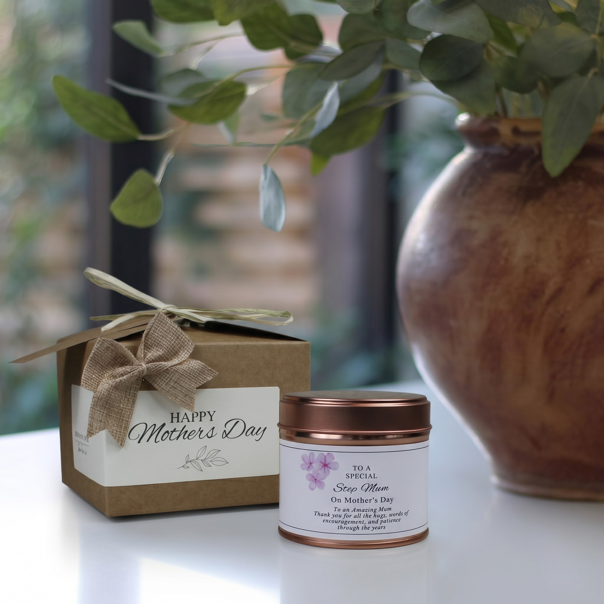 Custom luxury stepmother Mother’s Day gift box featuring a personalized step mum birthday candle and matching home fragrance diffuser by Hideaway Home Fragrances.