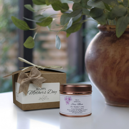 Custom luxury stepmother Mother’s Day gift box featuring a personalized step mum birthday candle and matching home fragrance diffuser by Hideaway Home Fragrances.
