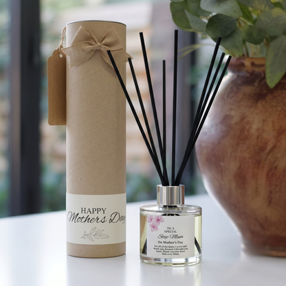Personalised "Special Step Mum" Mother's Day candle and luxury reed diffuser keepsake gift set, beautifully packaged and ready to gift by Hideaway Home Fragrances.