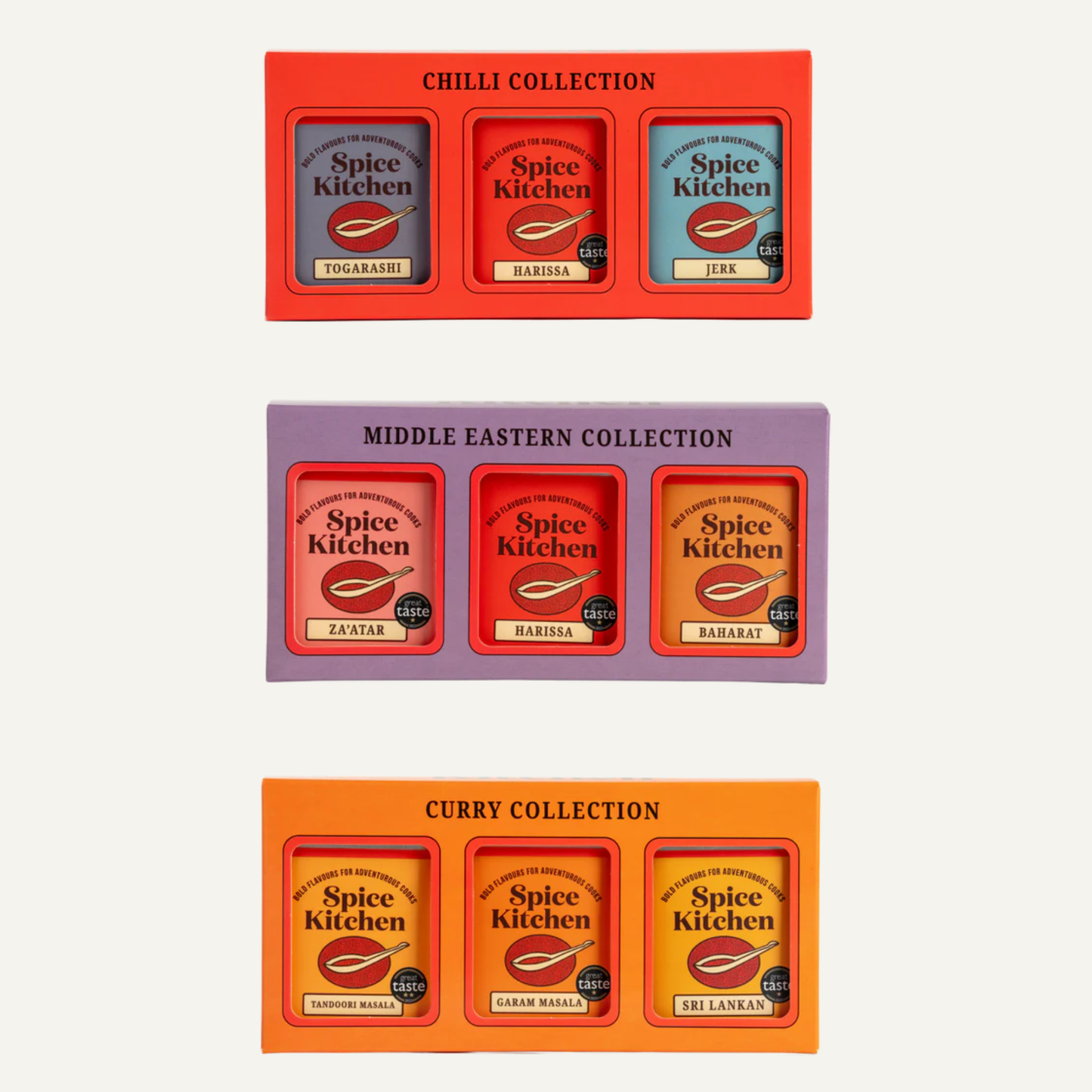 Spice Kitchen trio tins, versatile gourmet spice blends to elevate meat, fish, and vegetable dishes