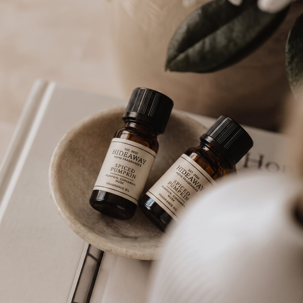 Detailed macro view of the front label branding and glass dropper pipette on the Hideaway Home Fragrances spiced pumpkin fragrance oil bottle.