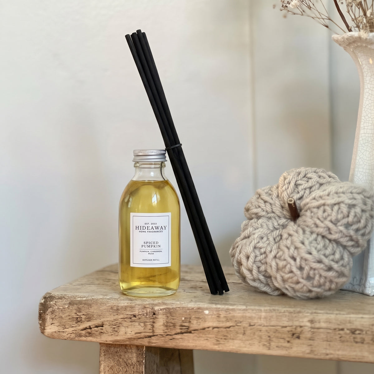 Spiced pumpkin diffuser oil refill by Hideaway Home Fragrances featuring autumn spices and a warm musk base