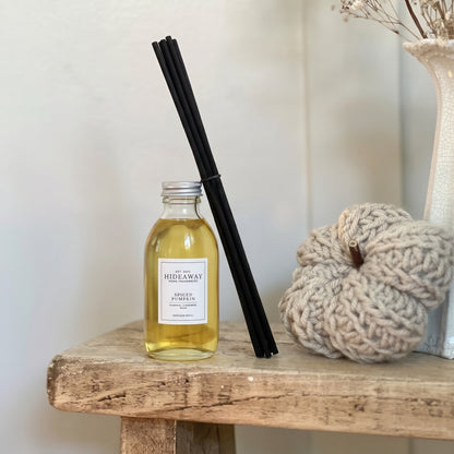 Spiced pumpkin diffuser oil refill by Hideaway Home Fragrances featuring autumn spices and a warm musk base