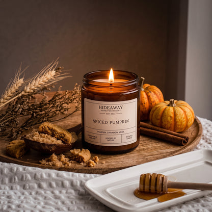 Cosy spiced pumpkin amber glass jar candle styled on a rustic fall table, Hideaway Home Fragrances