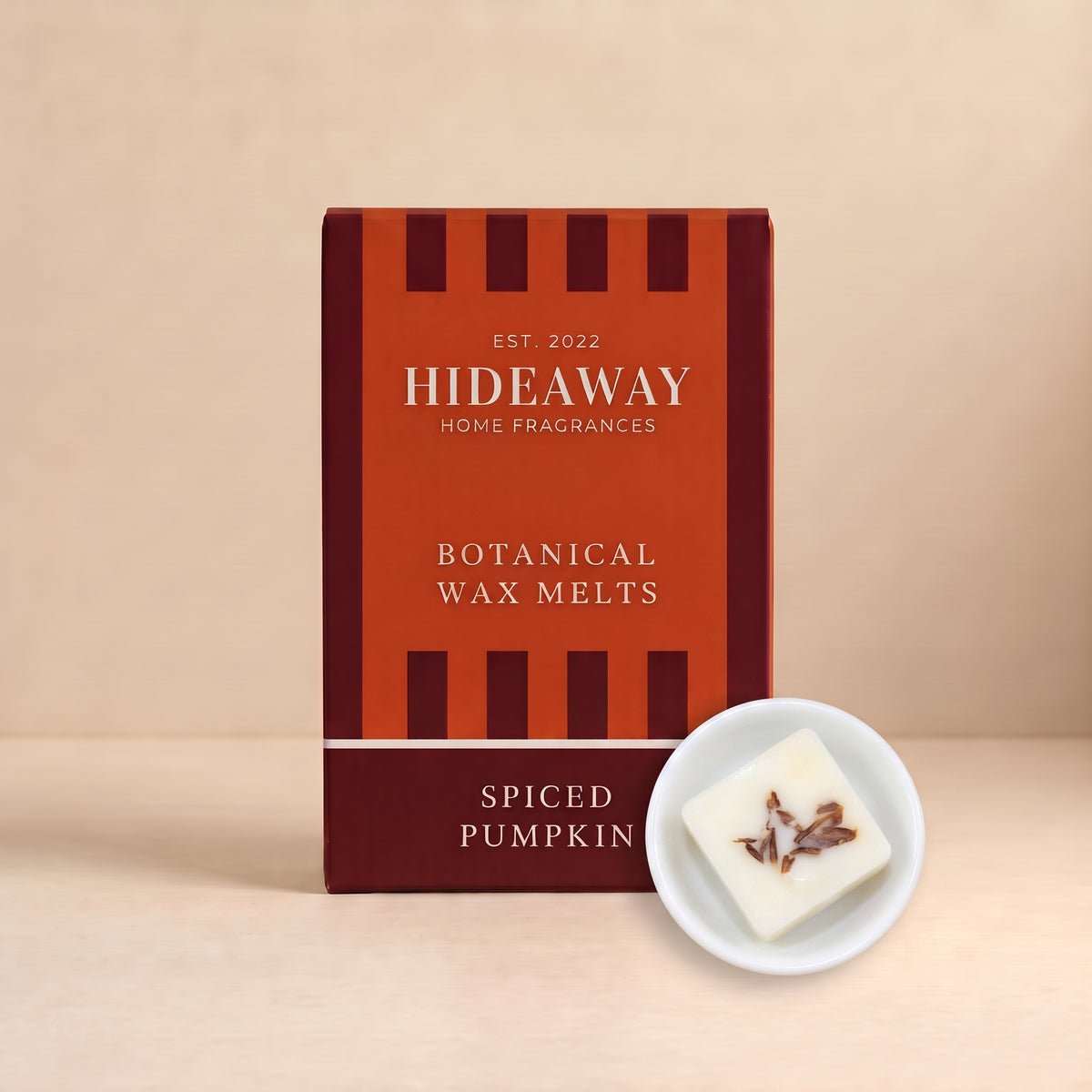 Hideaway Home Fragrances spiced pumpkin botanical wax melts infused with rich pumpkin, warm cinnamon, and cosy musk
