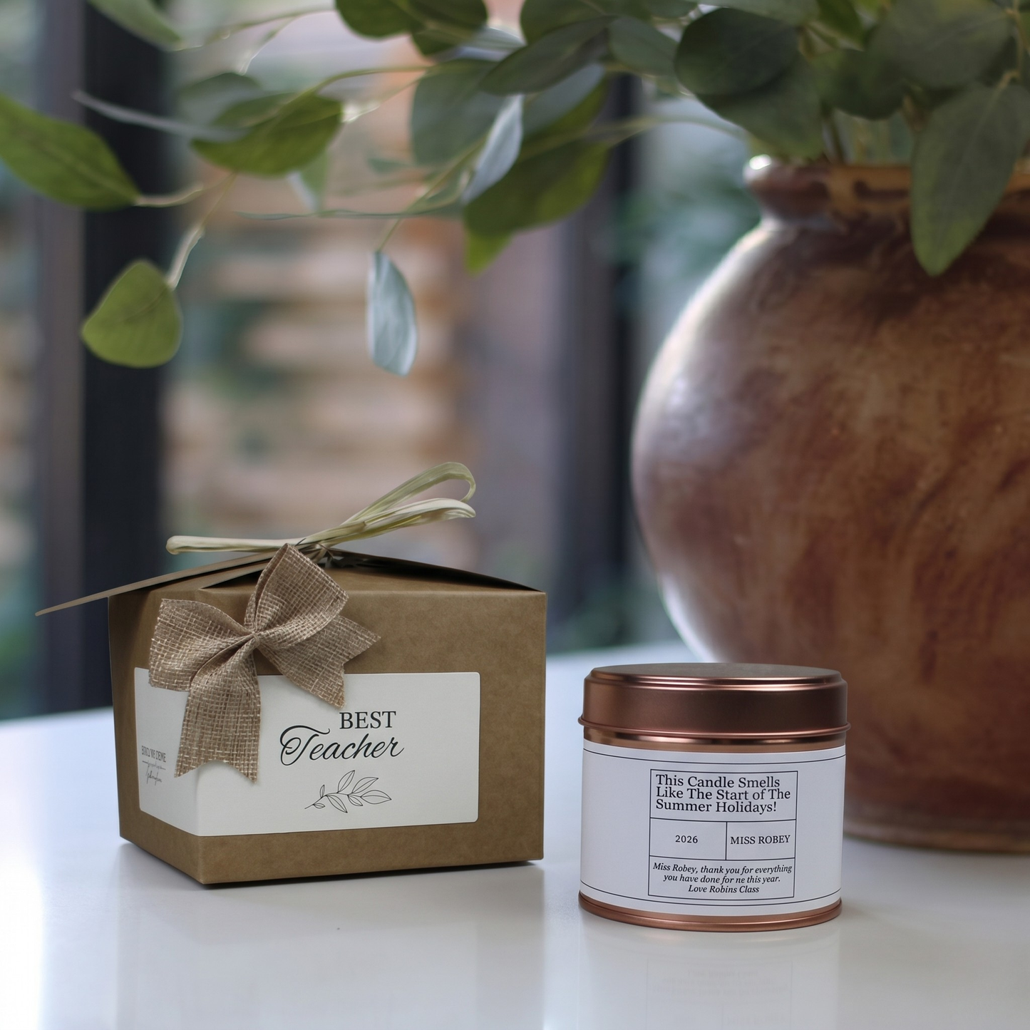 Custom luxury teacher appreciation gift box featuring a summer break countdown educator candle and matching home fragrance diffuser by Hideaway Home Fragrances.