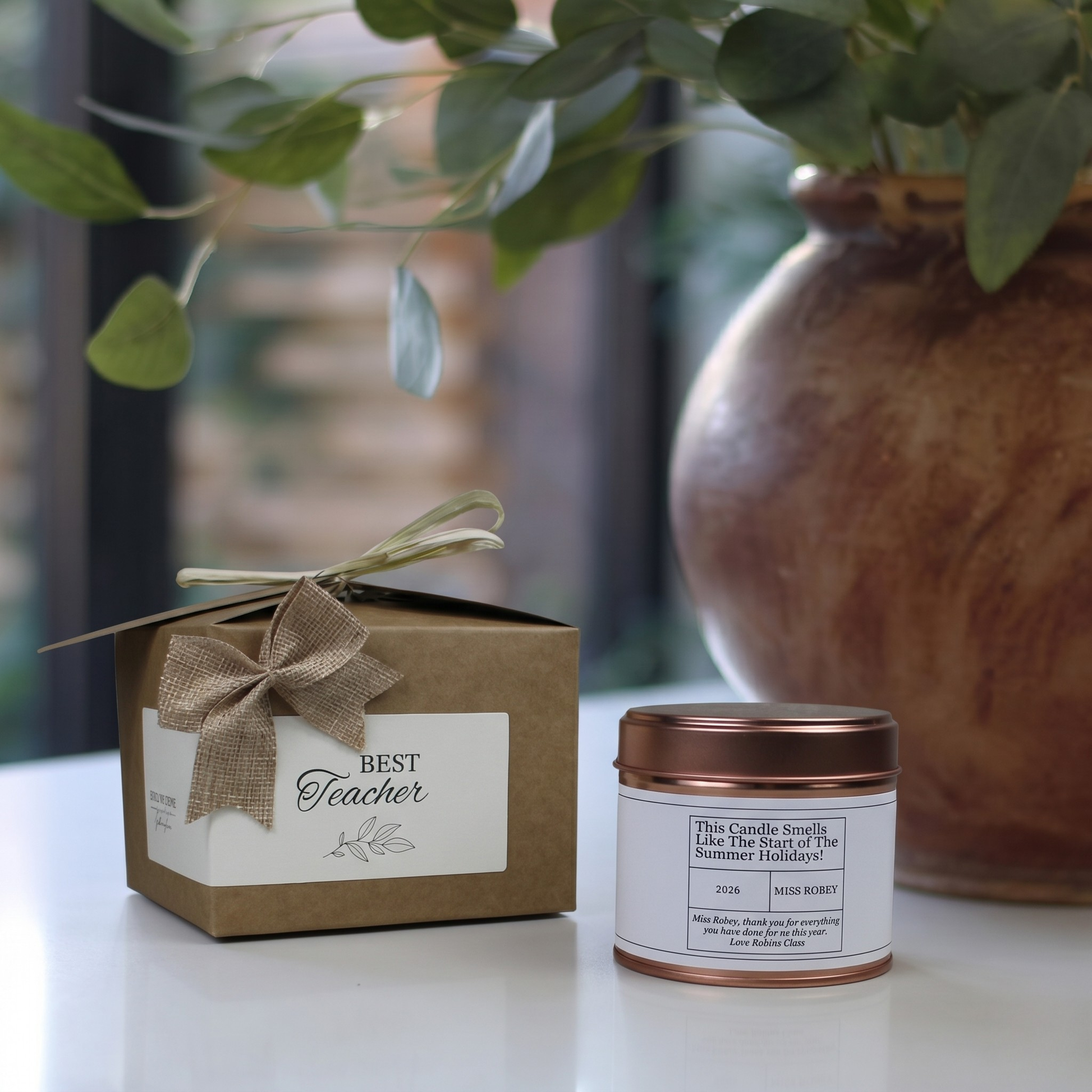 Custom luxury teacher appreciation gift box featuring a summer break countdown educator candle and matching home fragrance diffuser by Hideaway Home Fragrances.