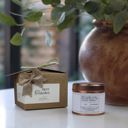 Custom luxury teacher appreciation gift box featuring a summer break countdown educator candle and matching home fragrance diffuser by Hideaway Home Fragrances.