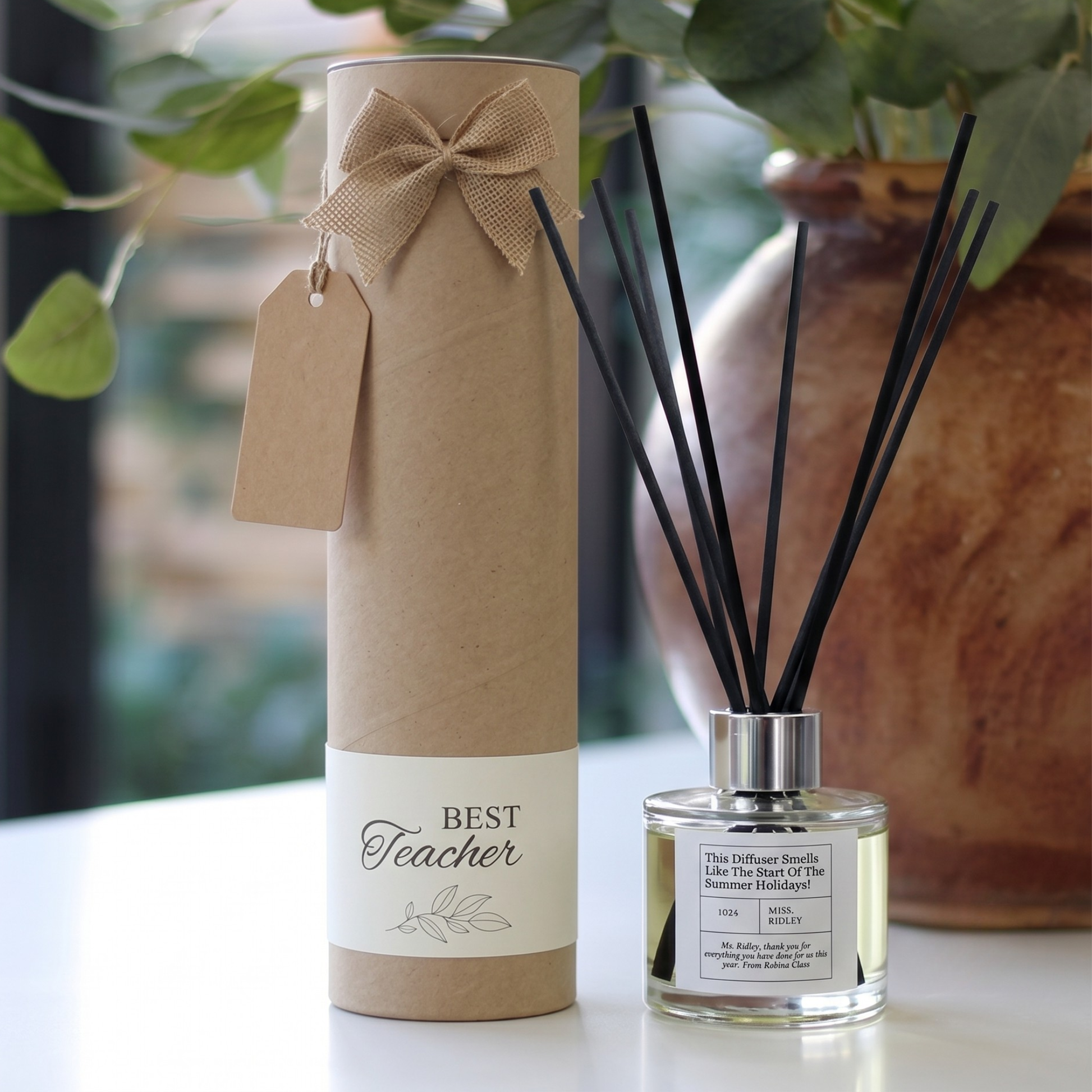 Personalised "Start Of Summer Holidays" teacher end of term candle and luxury reed diffuser keepsake gift set, beautifully packaged and ready to gift by Hideaway Home Fragrances.