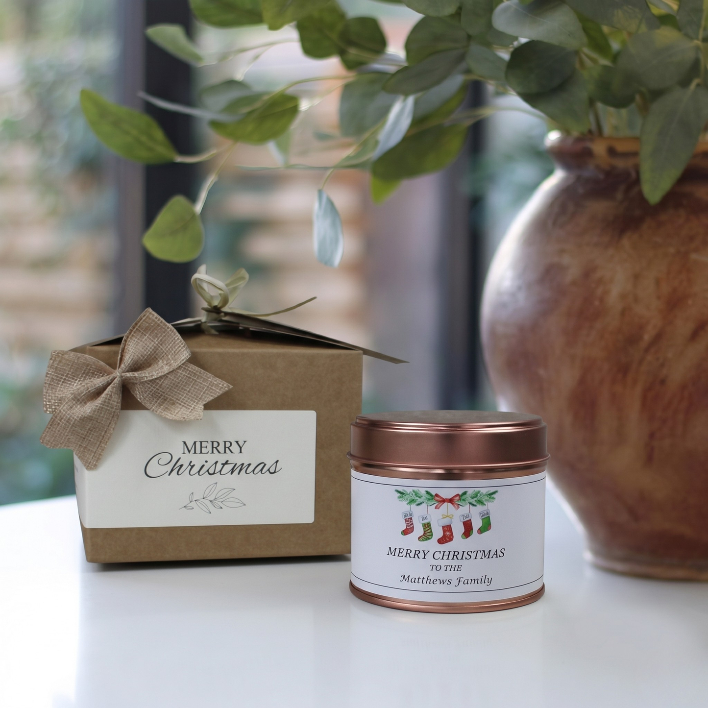 Custom holiday stocking candle gift with personalized family names cute christmas design - Hideaway Home Fragrances