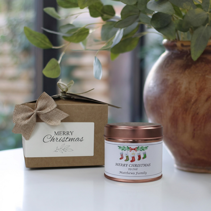 Custom holiday stocking candle gift with personalized family names cute christmas design - Hideaway Home Fragrances