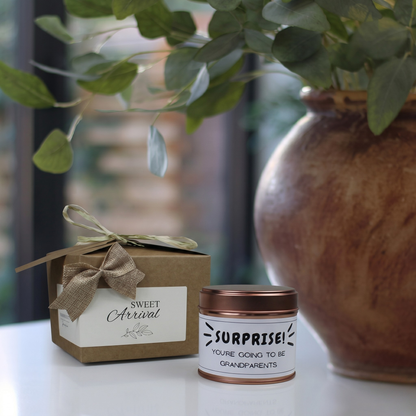 Custom luxury pregnancy announcement gift box featuring a personalized grandparents reveal candle and matching home fragrance diffuser by Hideaway Home Fragrances.