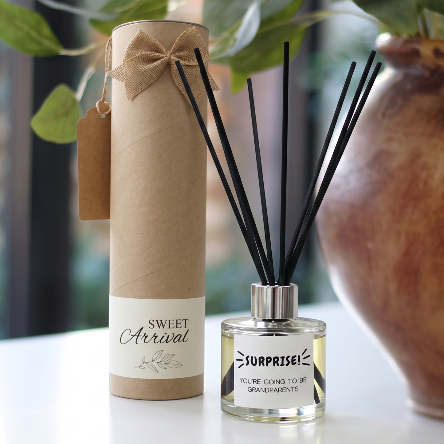 Personalised "Surprise You're Going To Be Grandparents" candle and luxury reed diffuser keepsake gift set, beautifully packaged and ready to gift by Hideaway Home Fragrances.