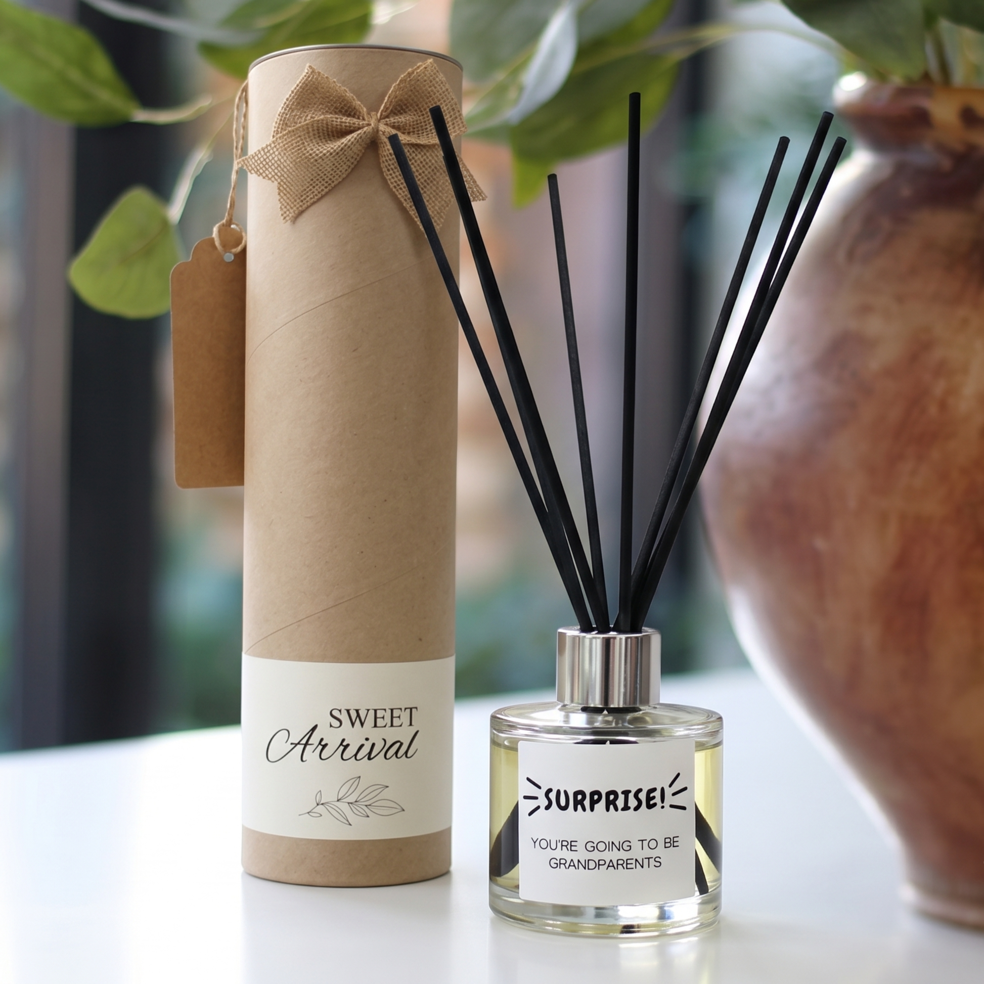 Personalised "Surprise You're Going To Be Grandparents" candle and luxury reed diffuser keepsake gift set, beautifully packaged and ready to gift by Hideaway Home Fragrances.