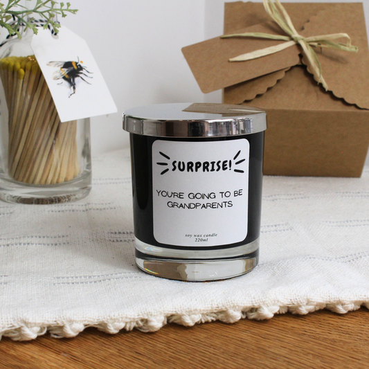 Surprise! You’re Going to Be Grandparents personalised candle gift for exciting announcement – Hideaway Home Fragrances