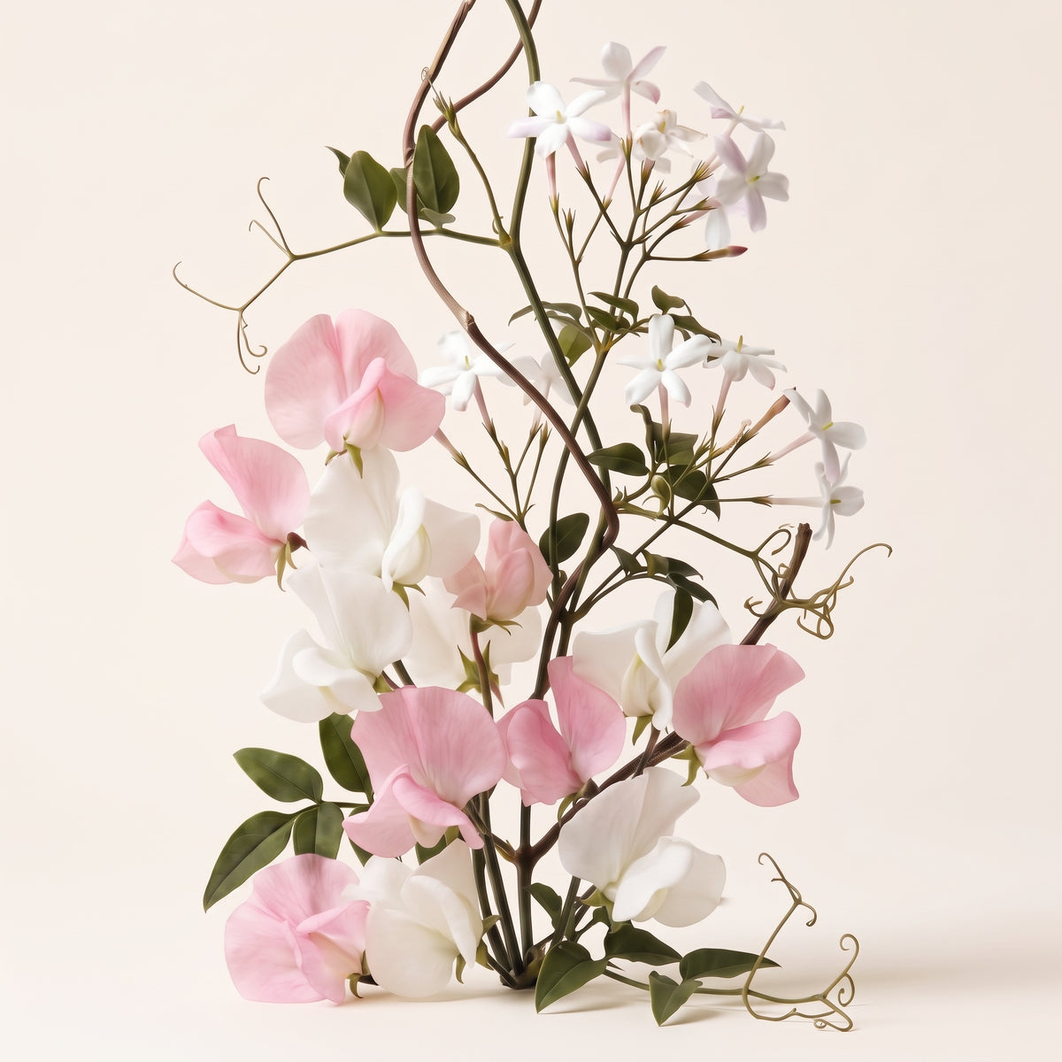 Fragrance note graphic for Sweet Pea featuring fresh sweet pea, white florals & woods - Hideaway Home Fragrances