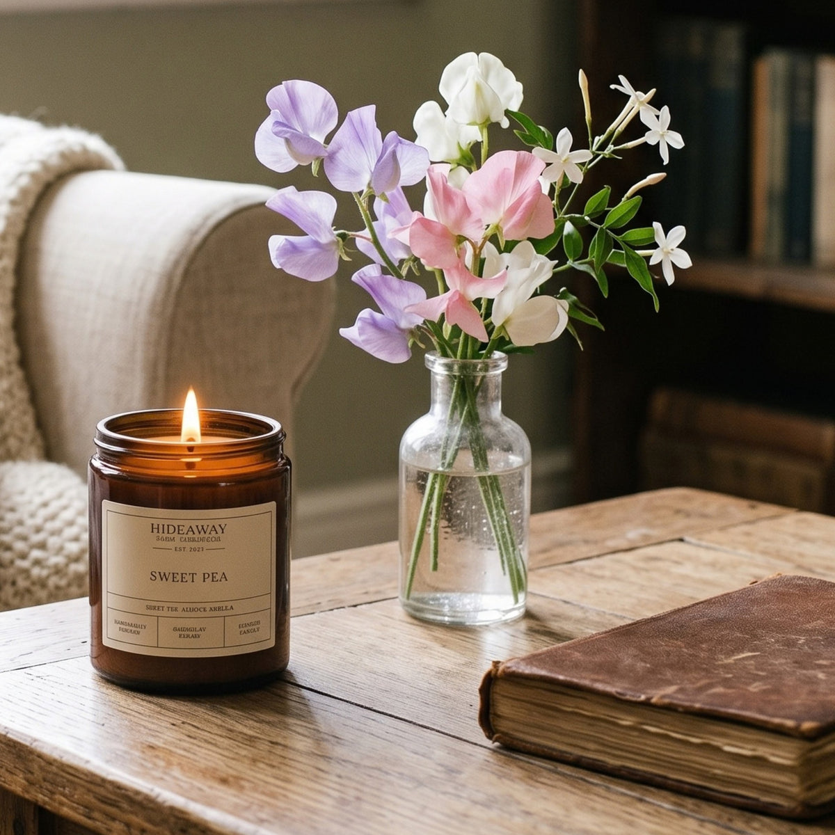 Charming sweet pea amber glass jar candle styled on a sunlit wooden windowsill, Hideaway Home Fragrances