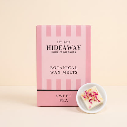 Hideaway Home Fragrances sweet pea botanical wax melts infused with fresh sweet pea, delicate rose, and warm vanilla