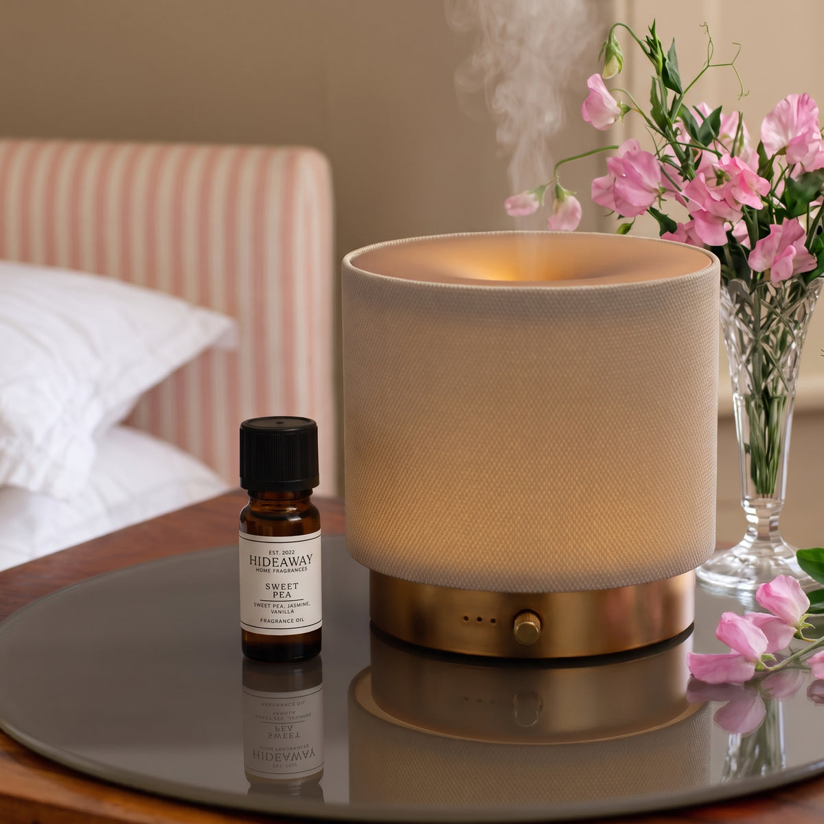 Fragrance notes breakdown for Hideaway Home Fragrances sweet pea fragrance oil featuring sweet pea, hyacinth, blooming jasmine, and warm woods.