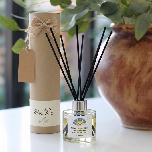 Personalised "Thank You For Being Part Of My Story" teacher candle and luxury reed diffuser keepsake gift set, beautifully packaged and ready to gift by Hideaway Home Fragrances