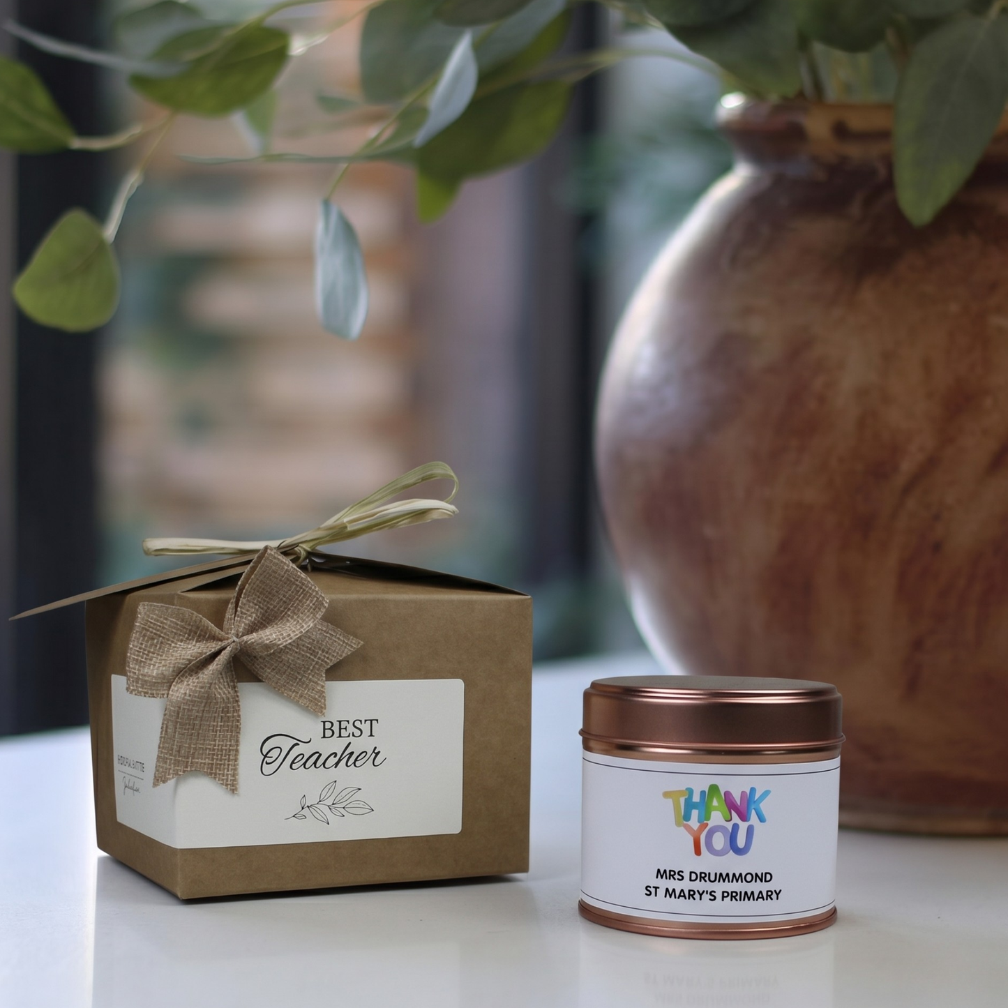 Custom luxury teacher appreciation gift box featuring a personalized thank you mentor candle and matching home fragrance diffuser by Hideaway Home Fragrances.