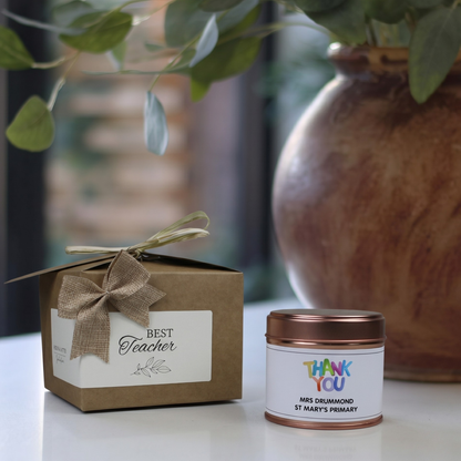 Custom luxury teacher appreciation gift box featuring a personalized thank you mentor candle and matching home fragrance diffuser by Hideaway Home Fragrances.