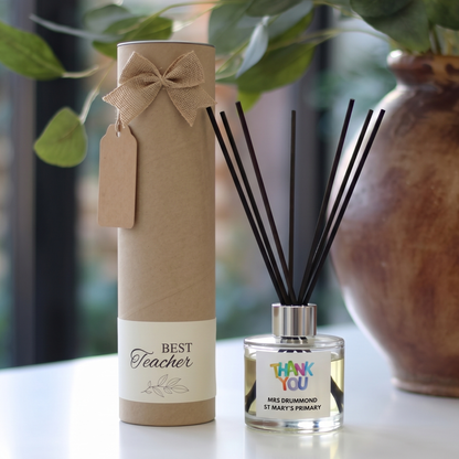 Personalised "Teacher Thank You" school end of term candle and luxury reed diffuser keepsake gift set, beautifully packaged and ready to gift by Hideaway Home Fragrances.