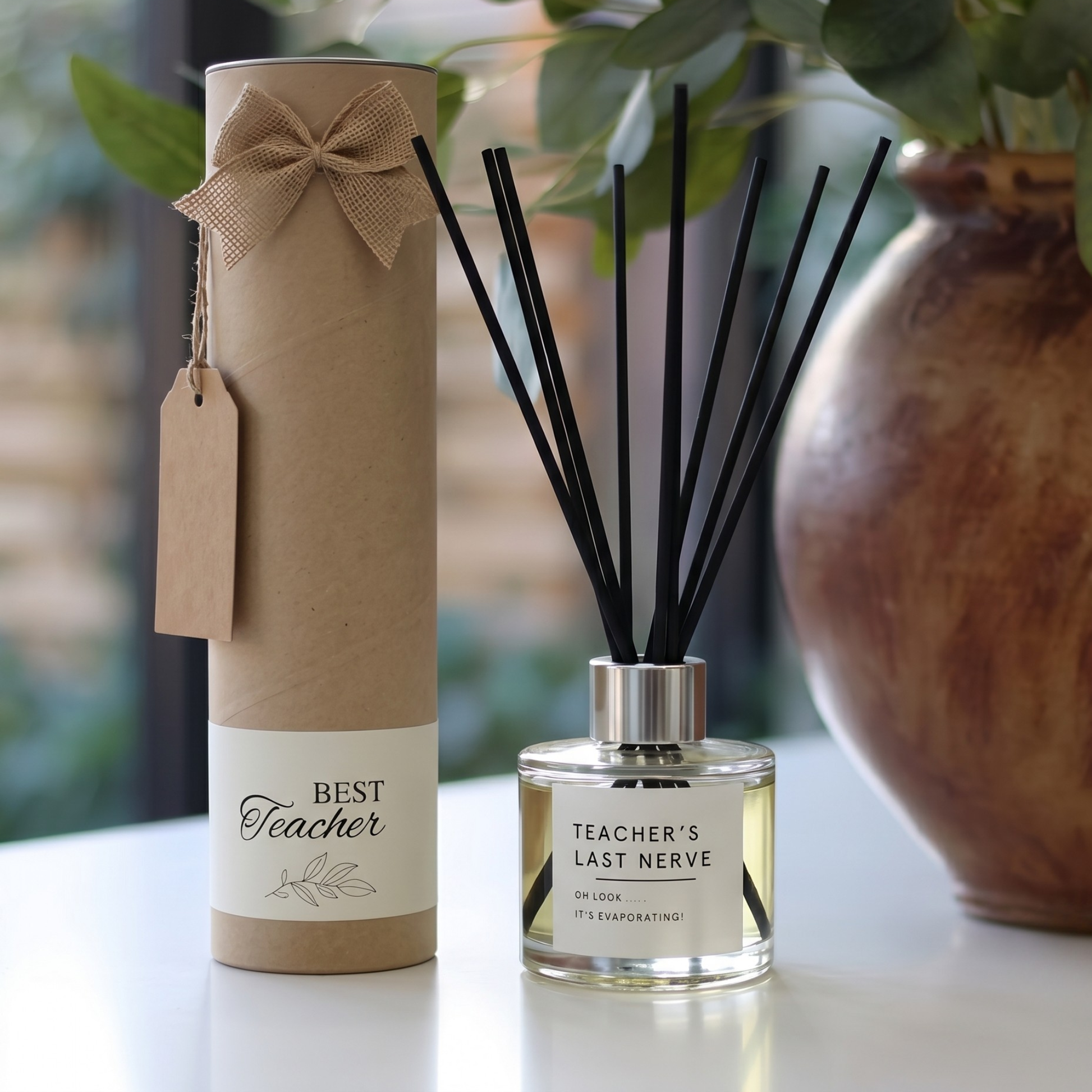 Personalised "Teacher's Last Nerve" funny end of term candle and luxury reed diffuser keepsake gift set, beautifully packaged and ready to gift by Hideaway Home Fragrances.