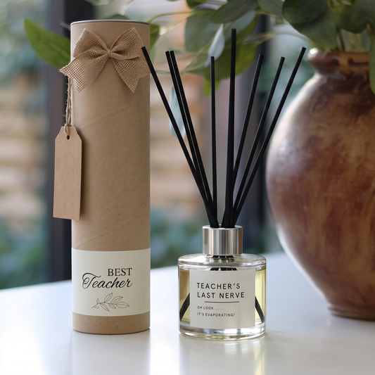 Personalised "Teacher's Last Nerve" funny end of term candle and luxury reed diffuser keepsake gift set, beautifully packaged and ready to gift by Hideaway Home Fragrances.