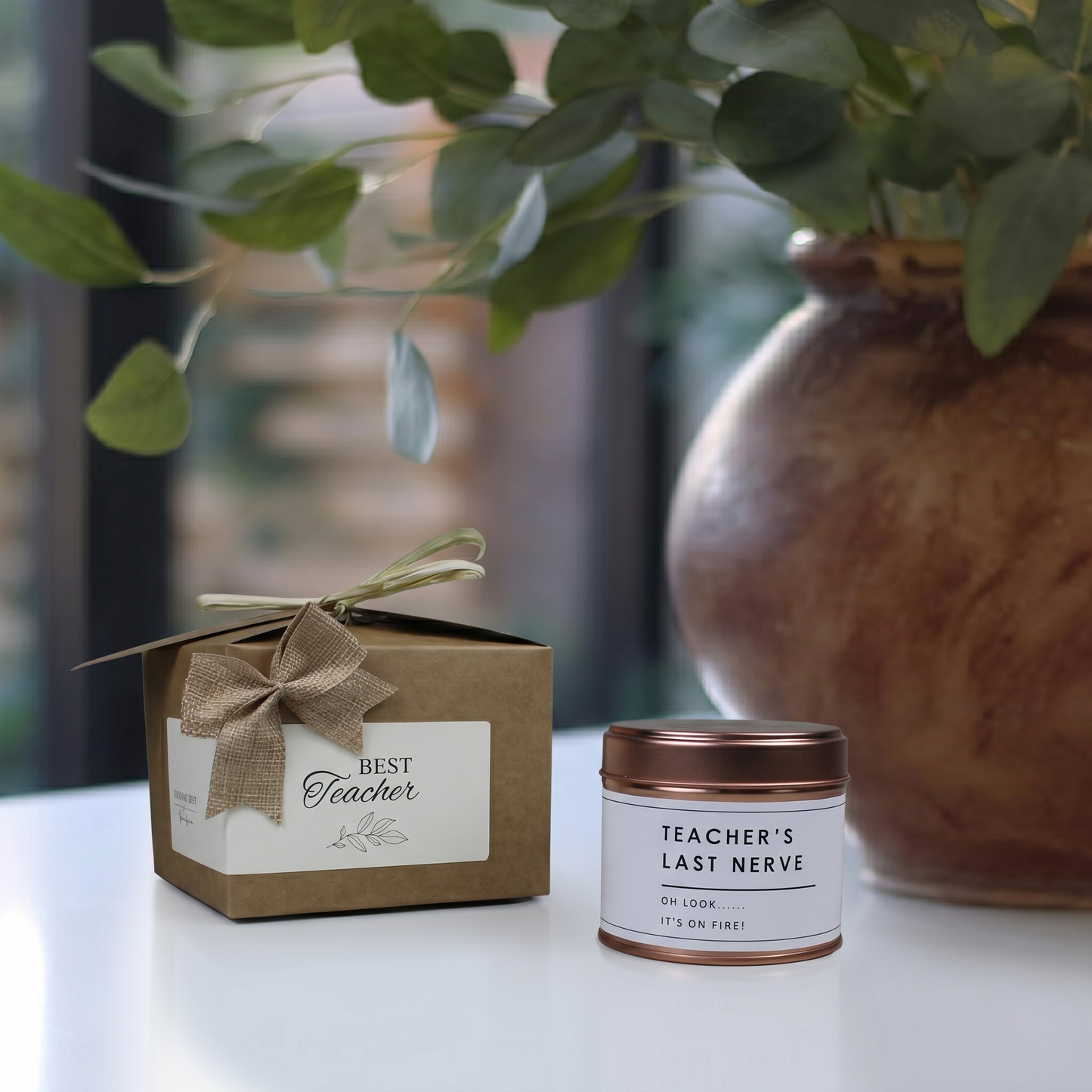 Custom luxury teacher appreciation gift box featuring a humorous work stress relief candle and matching home fragrance diffuser by Hideaway Home Fragrances.