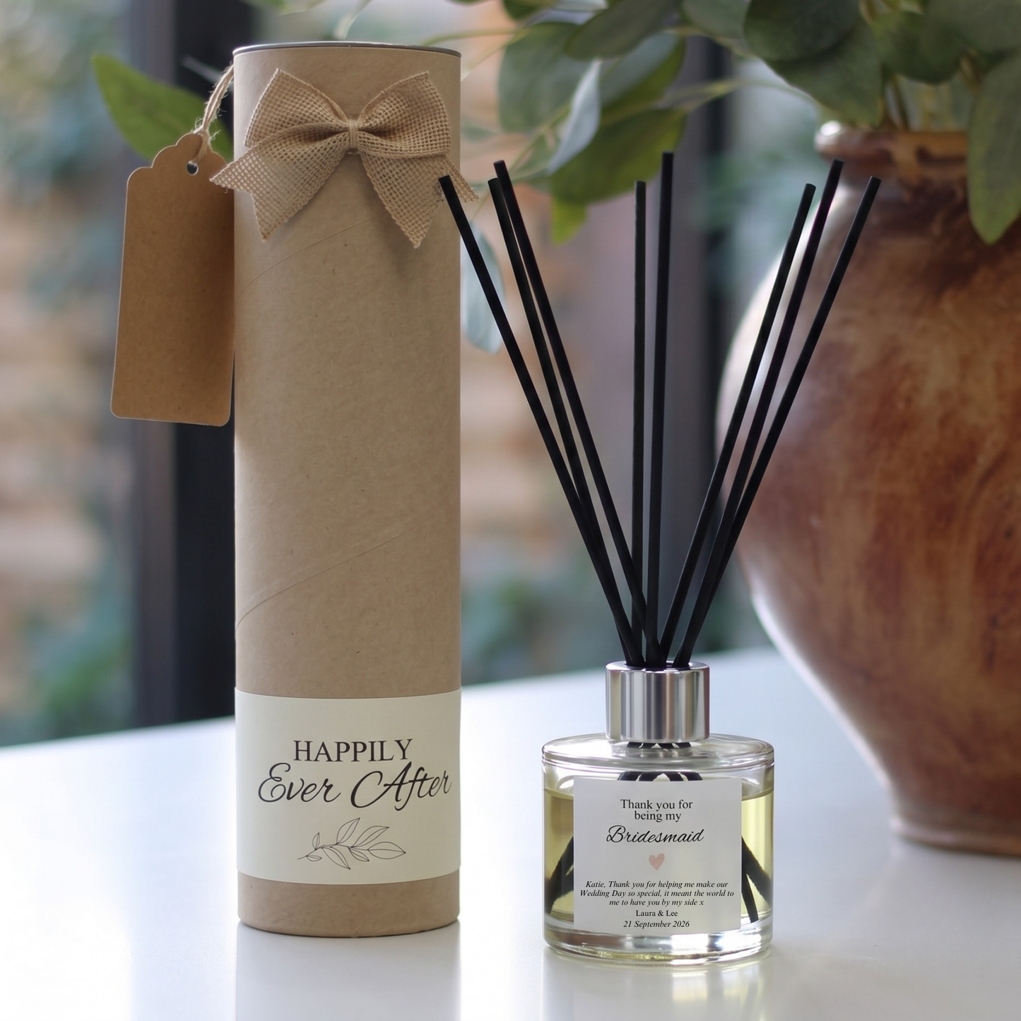 Personalised "Thank You For Being My Bridesmaid" gift set featuring a luxury scented candle and matching reed diffuser – Hideaway Home Fragrances