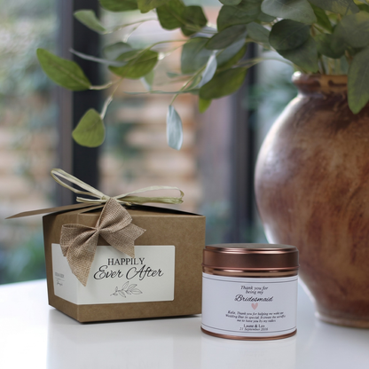 Ready-to-gift bridesmaid appreciation keepsake box containing a custom handmade soy candle and premium home diffuser – Hideaway Home Fragrances
