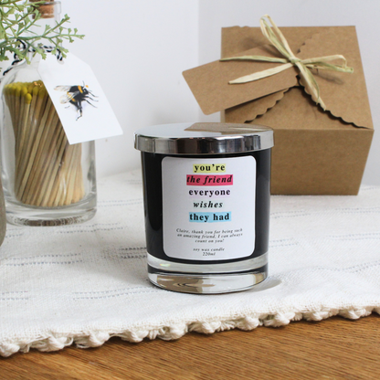 Thank You Friend Personalised Candle – Heartfelt Gift by Hideaway Home Fragrances