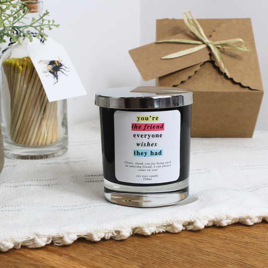 Thank You Friend Personalised Candle – Heartfelt Gift by Hideaway Home Fragrances