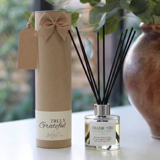 Luxury thank you gift set featuring a personalised scented candle and matching reed diffuser – Hideaway Home Fragrances
