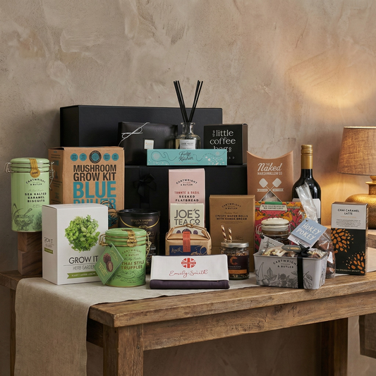Artisan eco-friendly gift hamper featuring luxury food, lifestyle treats, gourmet mushroom grow kit and premium sustainable brands.