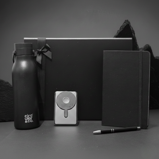 Source & Circuit Gift Box featuring Urban Vitamin power bank, recycled steel water bottle, and A5 notebook.