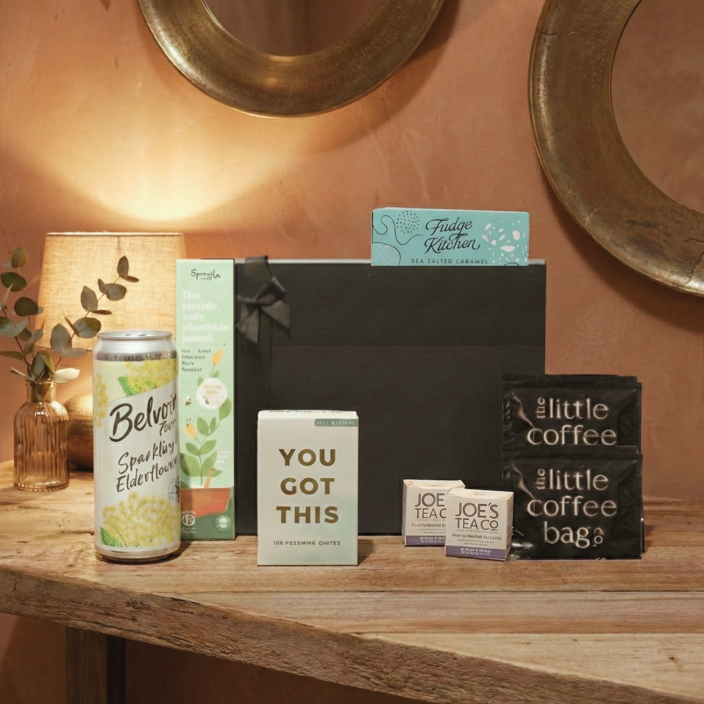 The Guild Gift Hamper Collection featuring Sprout plantable pencils, Belvoir soft drink, and You Got This quote cards.