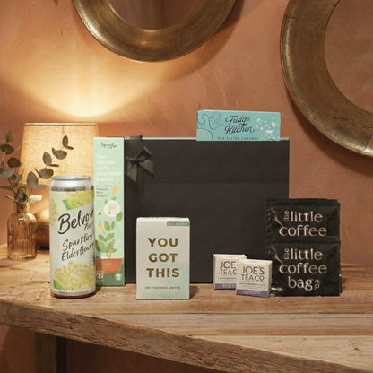 The Guild Gift Hamper Collection featuring Sprout plantable pencils, Belvoir soft drink, and You Got This quote cards.