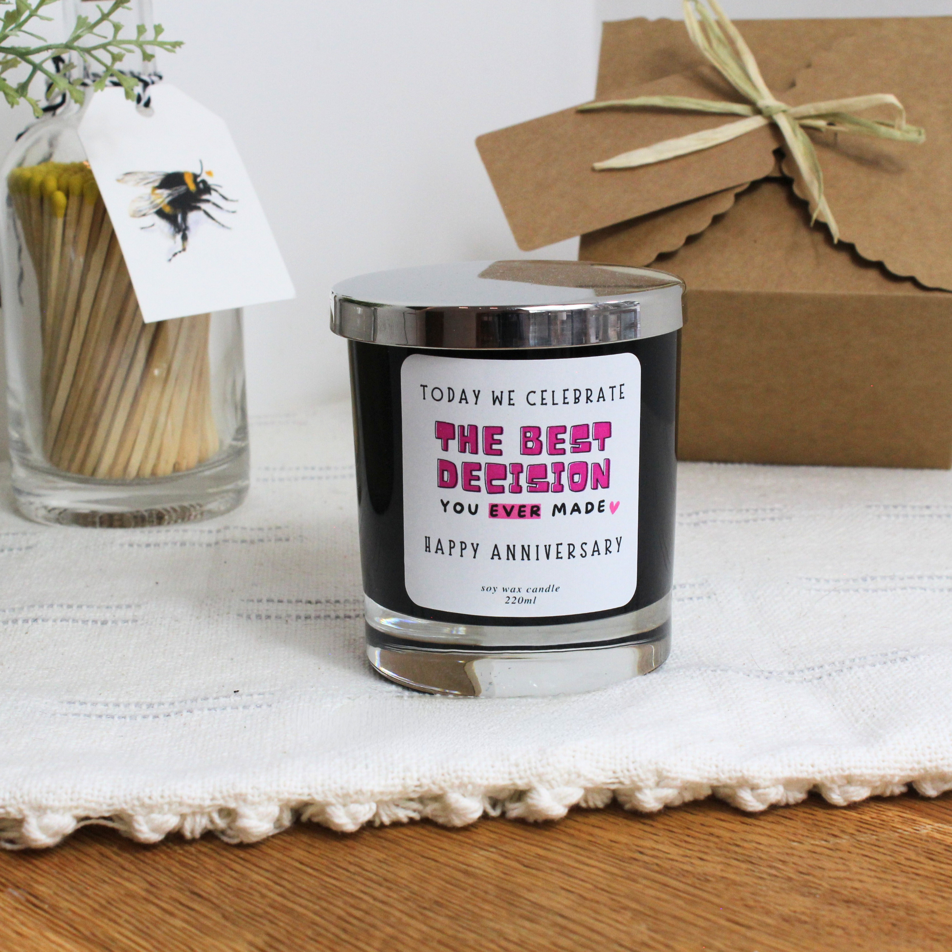Personalised anniversary candle with romantic ‘Today We Celebrate the Best Decision You Ever Made’ wording – Hideaway Home Fragrances