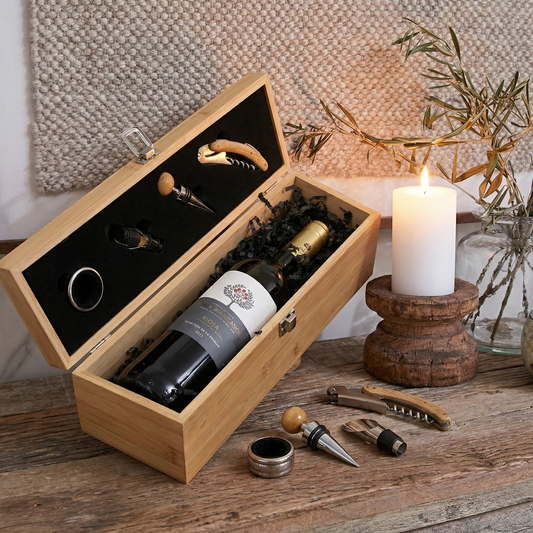 The Estate Wine Gift Collection featuring Finca Manzanos Rioja and customisable bamboo wine tool box with corkscrew and stopper.