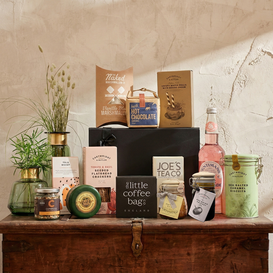 The Grand Pantry Gift Hamper featuring Cartwright & Butler sweet jar, Mouse House cheese truckle, and Fentimans Rose Lemonade.