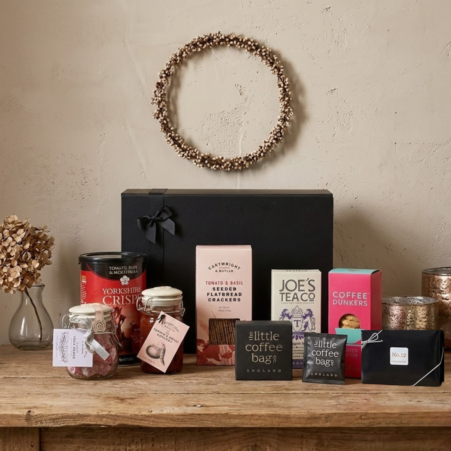 The Noble Pantry Gift Hamper featuring Cartwright & Butler Kiln Jar, Coffee Dunkers, and Yorkshire Crisps.