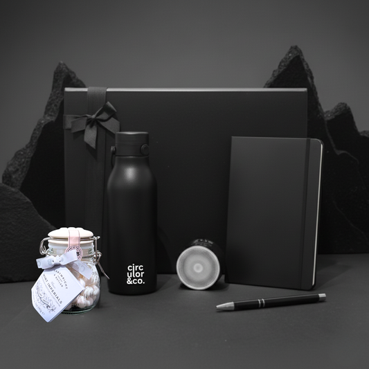 Sound & Strategy Gift Hamper featuring Swiss Peak speaker, recycled stainless steel water bottle, and A5 notebook.