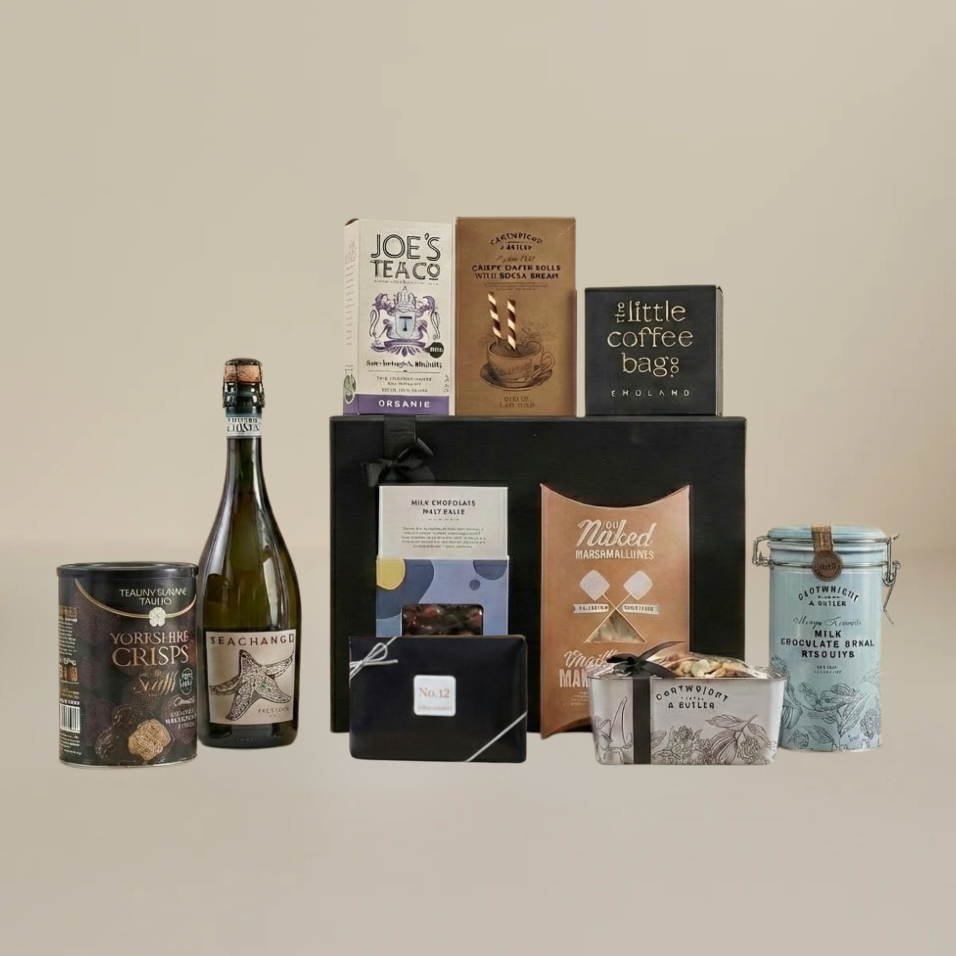 Luxury food and wine flatlay with milk chocolate malt balls, biodegradable coffee bags, wafer rolls, and gourmet marshmallows.